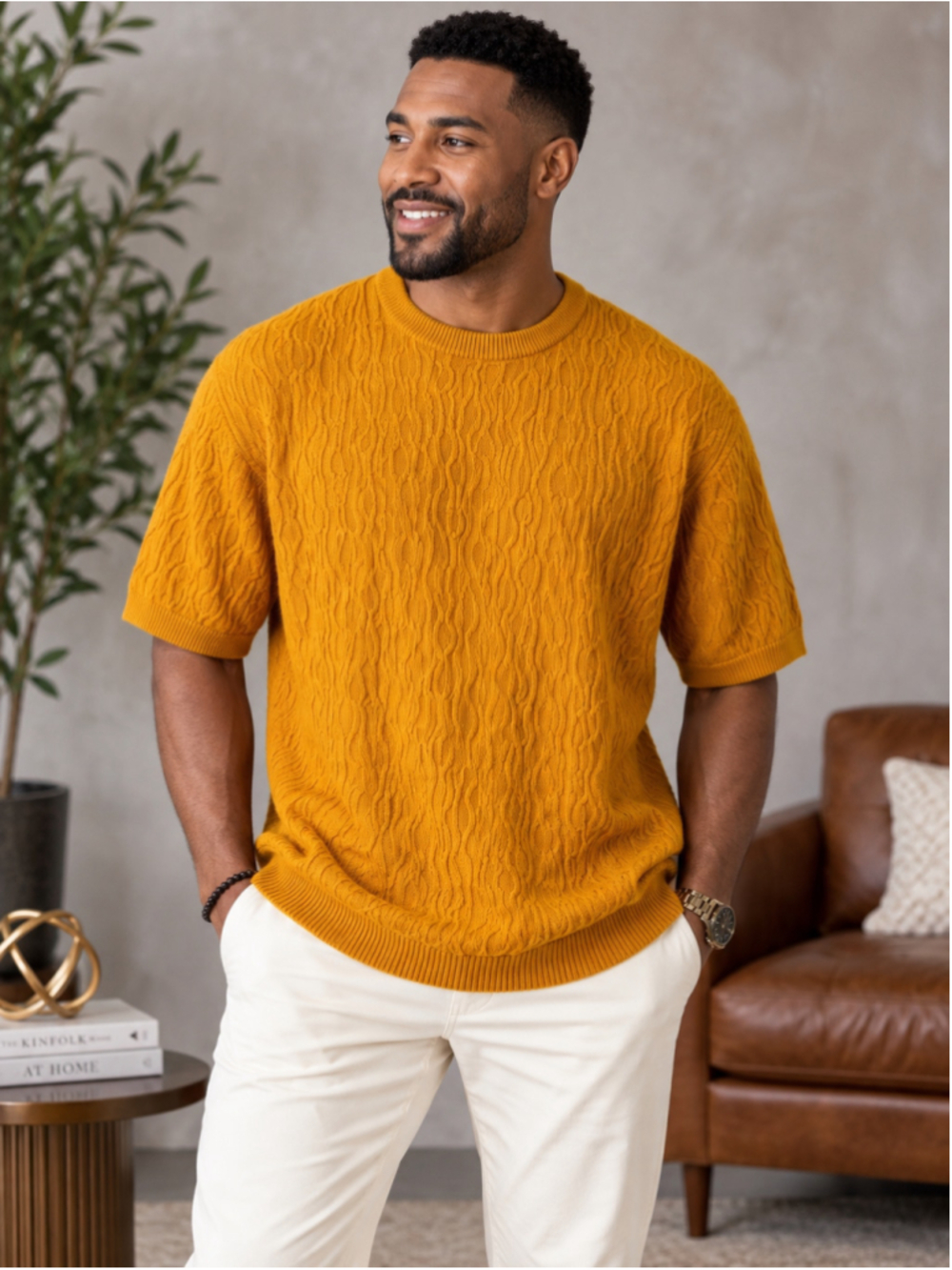 Clench 701 Jeans Mustard 3D Cable-Knit Short Sleeve Sweater – Size XXL